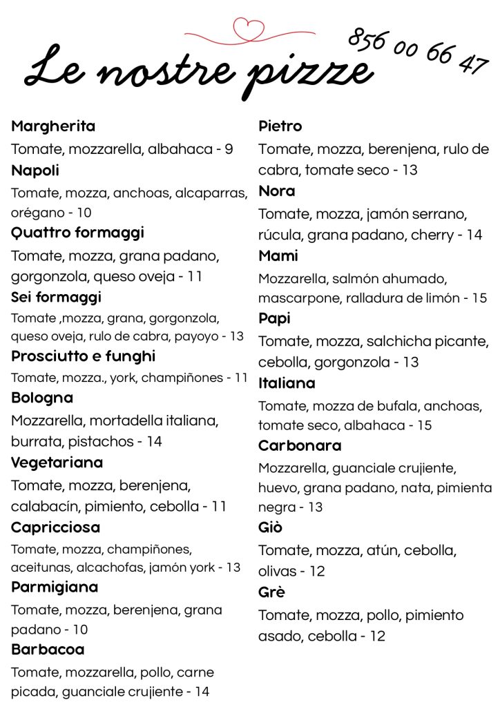 Carta menu pizzeria Nonna Gina Arcos
